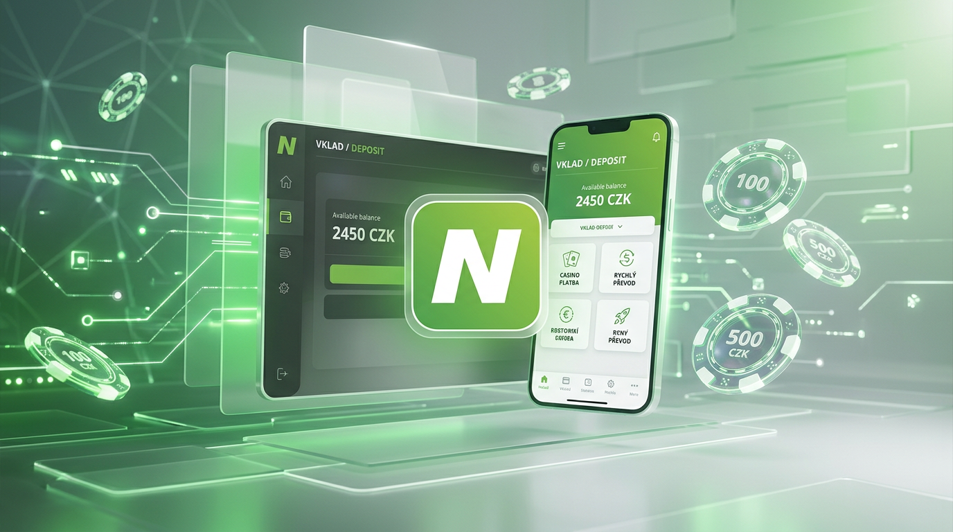 Digitální rozhraní e-peněženky Neteller se symboly online kasina v futuristickém stylu.