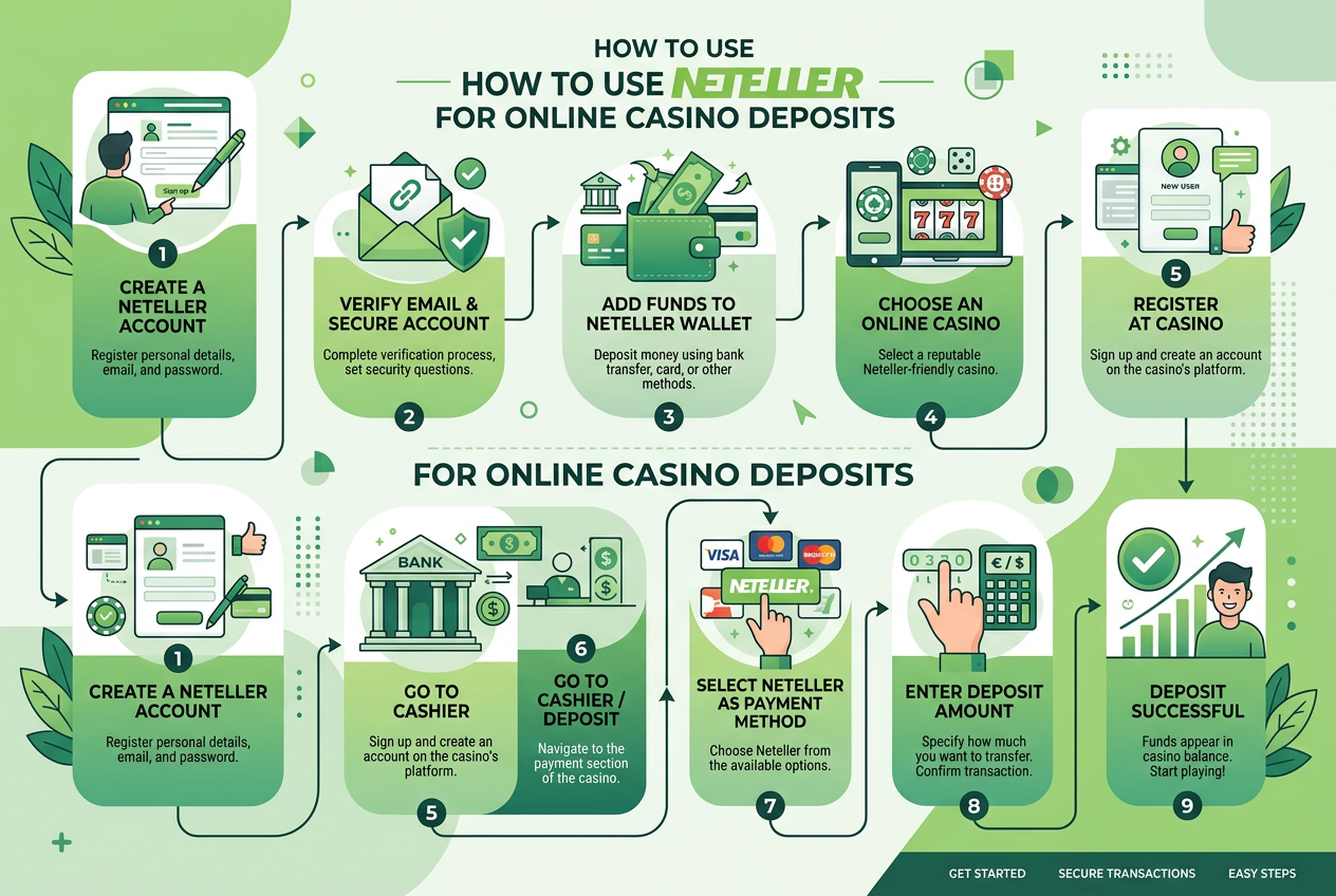 Infografika procesu registrace u Netelleru a následného vkladu do online kasina v přehledných krocích.